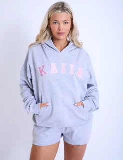 Store Kaiia Slogan Oversized Hoodie Grey Marl & Pink Back In Stock | Sculpt & Leisure