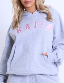 Store Kaiia Slogan Oversized Hoodie Grey Marl & Pink Back In Stock | Sculpt & Leisure