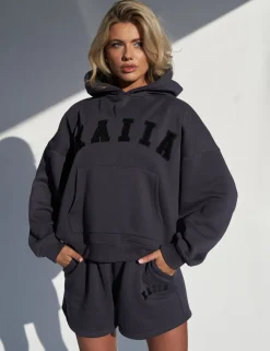 Online Kaiia Slogan Oversized Hoodie Dark Back In Stock | Curve