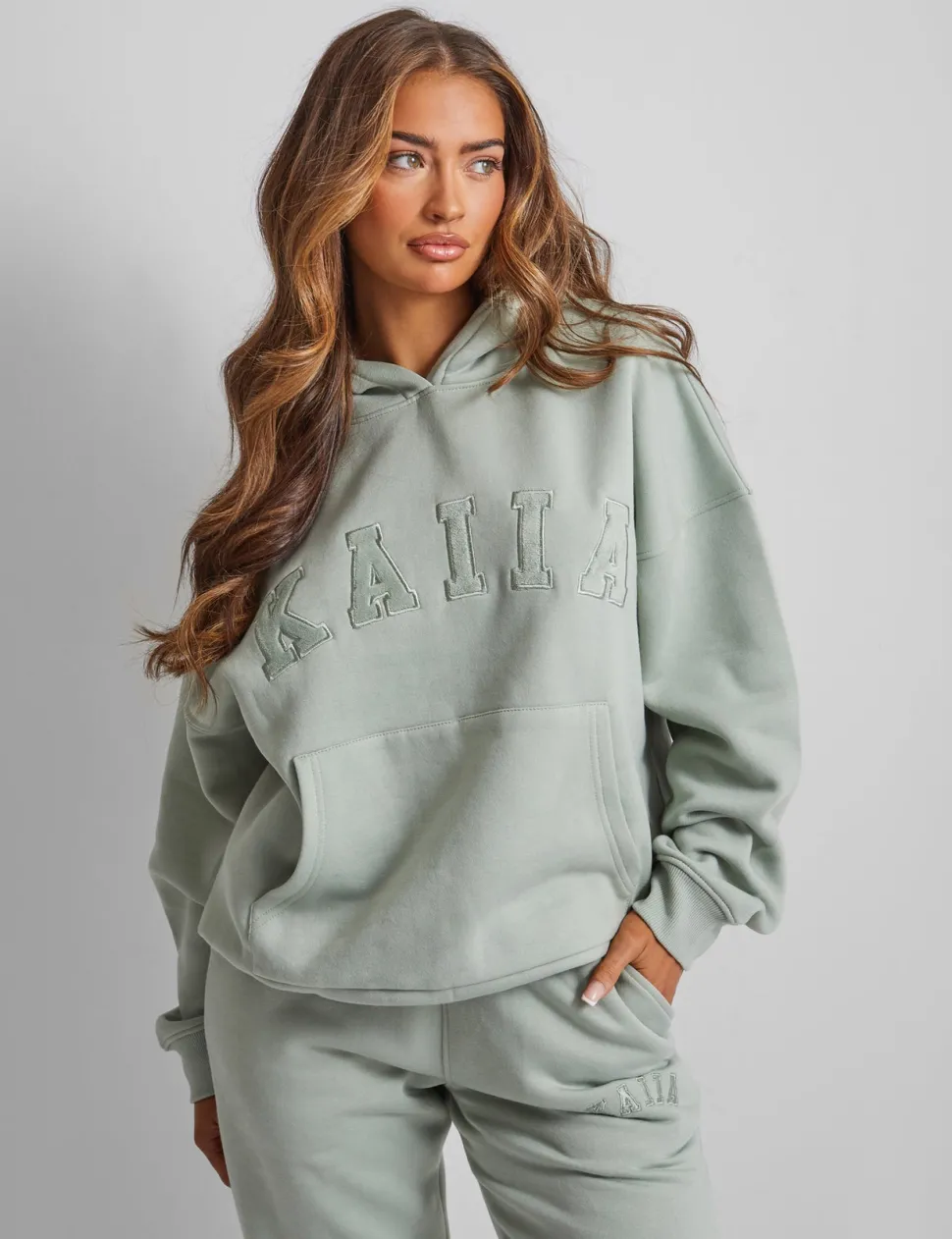 Clearance Kaiia Slogan Oversized Hoodie Sage Back In Stock | Sculpt & Leisure