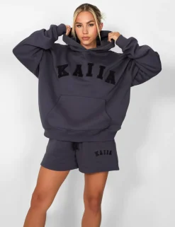 Online Kaiia Slogan Oversized Hoodie Dark Back In Stock | Curve