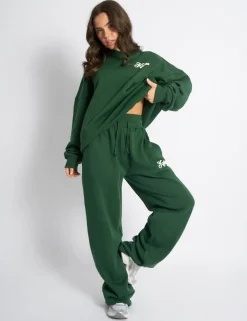 Clearance Kaiia Snowflake Logo Ribbed Waistband Wide Leg Joggers Forest Green Sculpt & Leisure | Kaiia The Label