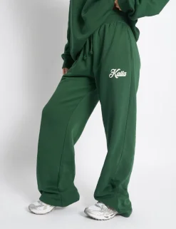 Clearance Kaiia Snowflake Logo Ribbed Waistband Wide Leg Joggers Forest Green Sculpt & Leisure | Kaiia The Label