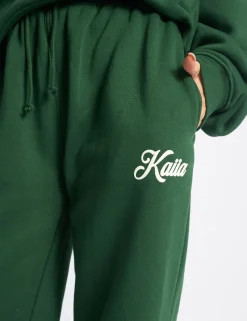 Clearance Kaiia Snowflake Logo Ribbed Waistband Wide Leg Joggers Forest Green Sculpt & Leisure | Kaiia The Label