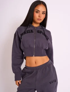 Discount Kaiia Sport Logo Zip Through Cropped Hoodie Dark Grey Sculpt & Leisure | Kaiia The Label
