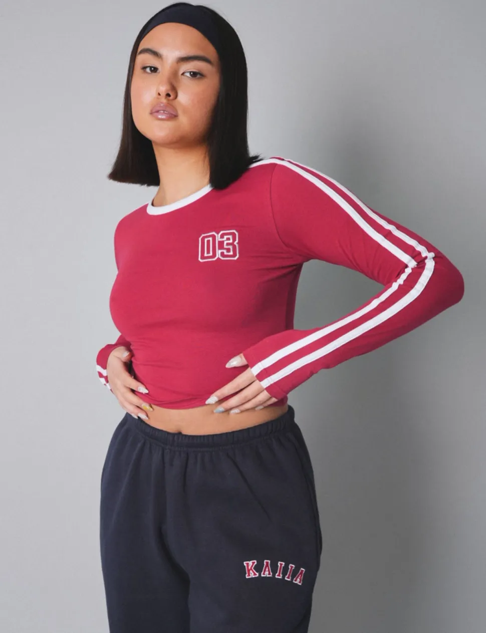 Store Kaiia Sporty Long Sleeve Tee with Contrast Binding in and White Sculpt & Leisure | Kaiia The Label