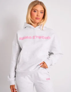 Best Kaiia Studio Borg Bubble Logo Oversized Hoodie Grey Marl & Pink Sculpt & Leisure | Kaiia The Label