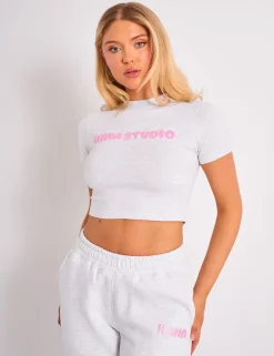 Clearance Kaiia Studio Borg Bubble Baby Tee Grey Marl & Pink Sculpt & Leisure | Kaiia The Label
