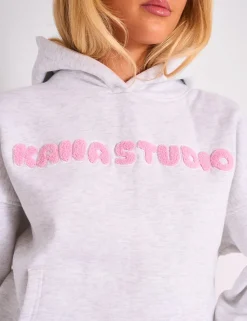 Best Kaiia Studio Borg Bubble Logo Oversized Hoodie Grey Marl & Pink Sculpt & Leisure | Kaiia The Label