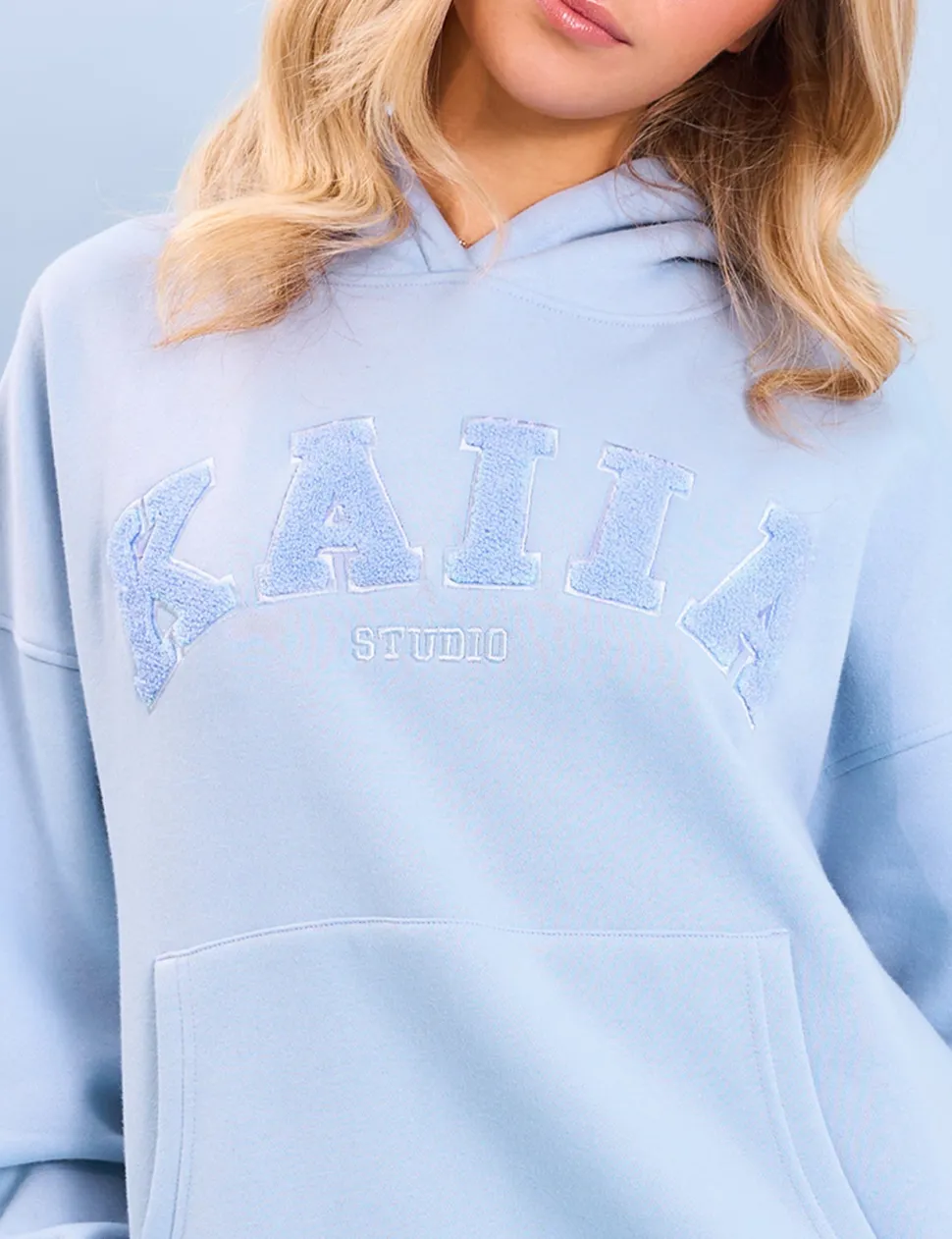 Clearance Kaiia Studio Borg Slogan Oversized Hoodie Light Blue Back In Stock | Sculpt & Leisure