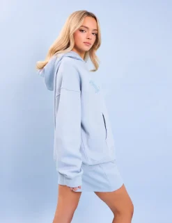 Clearance Kaiia Studio Borg Slogan Oversized Hoodie Light Blue Back In Stock | Sculpt & Leisure