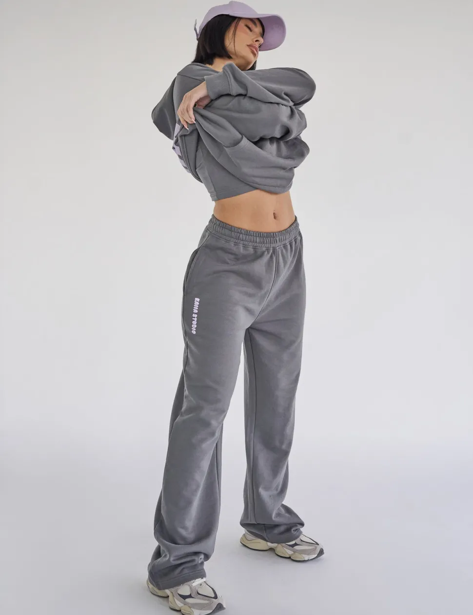 Outlet Kaiia Studio Bubble Logo Wide Leg Sweat Pants Dark Grey & Lilac Sculpt & Leisure | Kaiia The Label