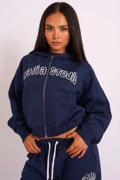 Shop Kaiia Studio Bubble Logo Zip Through Hoodie Navy Sculpt & Leisure | Kaiia The Label