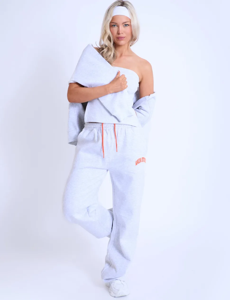 Clearance Kaiia Studio Bubble Logo Wide Leg Sweat Pants Light Grey Marl & Orange Sculpt & Leisure | Kaiia The Label