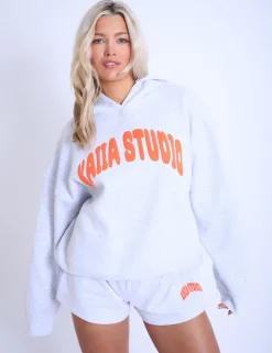 Best Sale Kaiia Studio Bubble Logo Oversized Hoodie Light Grey Marl & Orange Back In Stock | Sculpt & Leisure