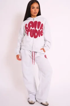 New Kaiia Studio Bubble Logo Zip Up Hoodie Grey Marl & Red Sculpt & Leisure | Kaiia The Label