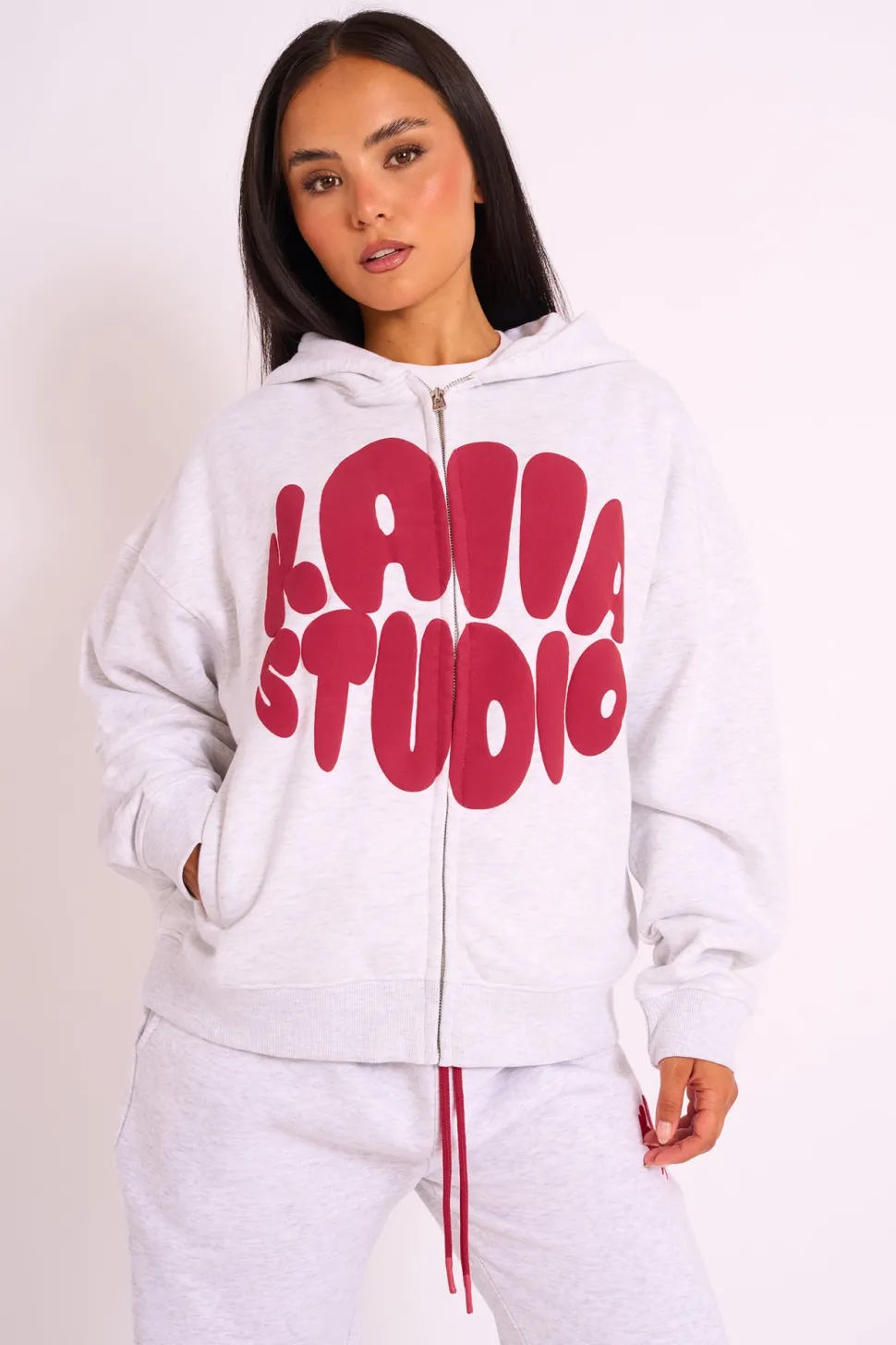 New Kaiia Studio Bubble Logo Zip Up Hoodie Grey Marl & Red Sculpt & Leisure | Kaiia The Label