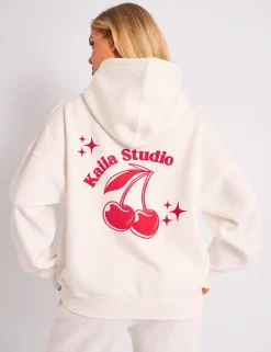 Cheap Kaiia Studio Cherry Graphic Oversized Hoodie Cream & Red Tracksuits | Tracksuits