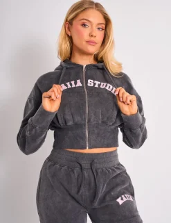 Discount Kaiia Studio Cropped Zip Up Hoodie Dark Grey Wash & Pink Sculpt & Leisure | Kaiia The Label