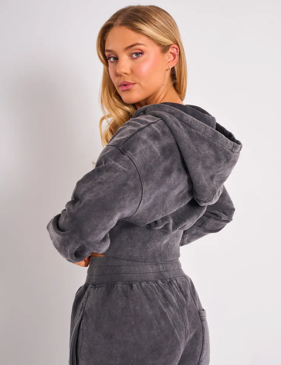 Discount Kaiia Studio Cropped Zip Up Hoodie Dark Grey Wash & Pink Sculpt & Leisure | Kaiia The Label