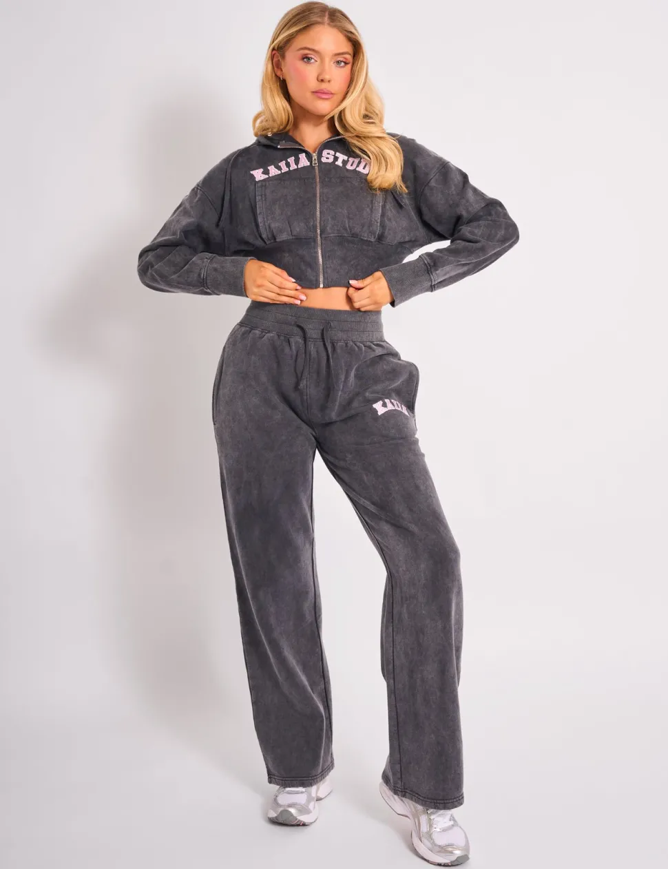 Discount Kaiia Studio Cropped Zip Up Hoodie Dark Grey Wash & Pink Sculpt & Leisure | Kaiia The Label