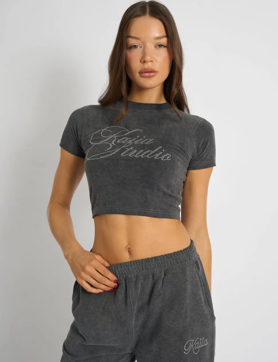 New Kaiia Studio Diamante Acid Wash Baby Tee Dark Grey Sculpt & Leisure | Kaiia The Label