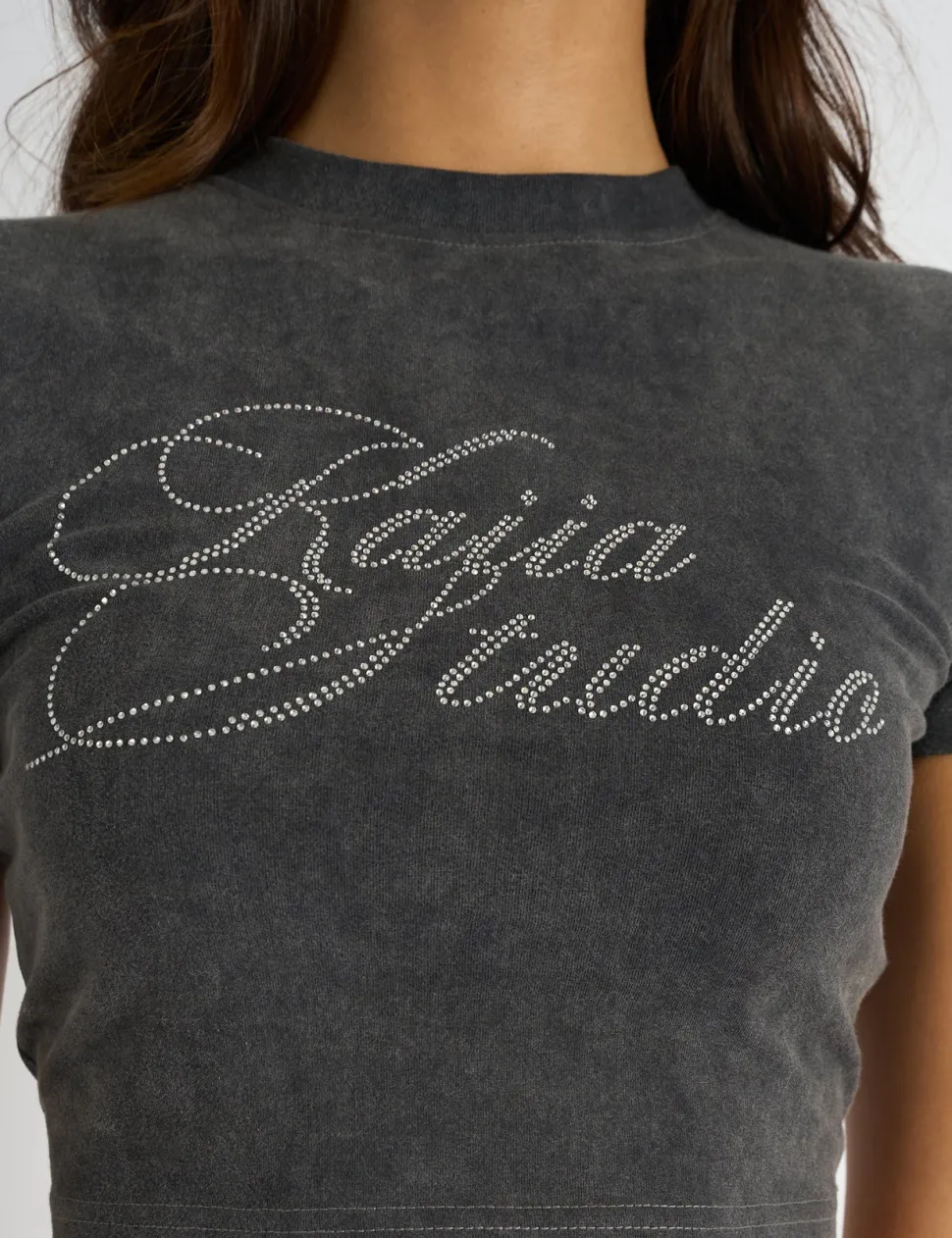 New Kaiia Studio Diamante Acid Wash Baby Tee Dark Grey Sculpt & Leisure | Kaiia The Label