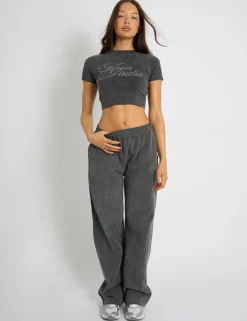 New Kaiia Studio Diamante Acid Wash Baby Tee Dark Grey Sculpt & Leisure | Kaiia The Label