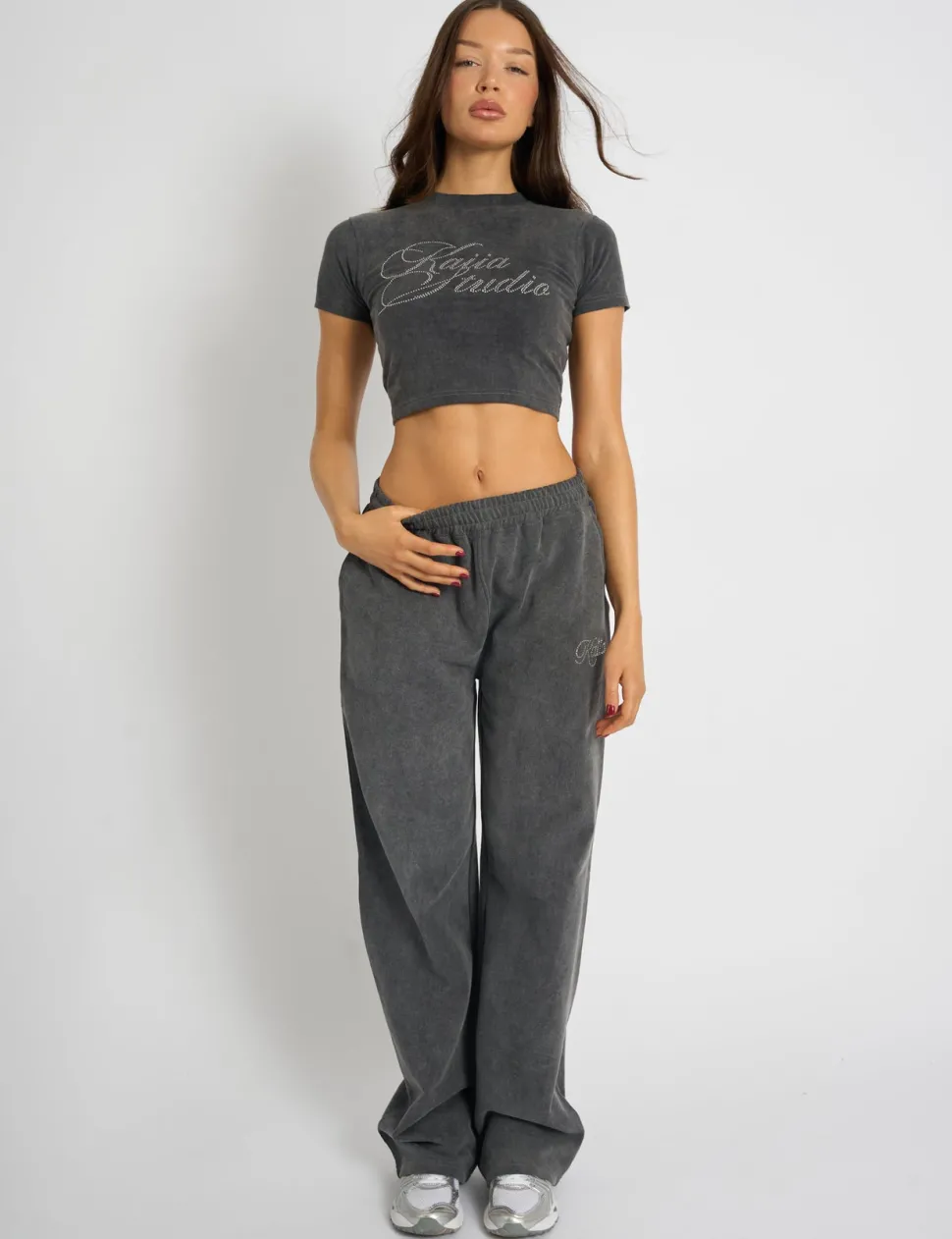 New Kaiia Studio Diamante Acid Wash Baby Tee Dark Grey Sculpt & Leisure | Kaiia The Label