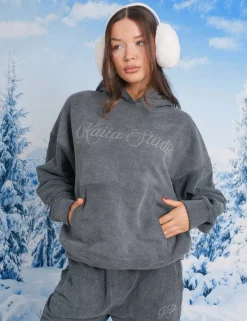 Cheap Kaiia Studio Diamante Embellished Acid Wash Oversized Hoodie Dark Grey Sculpt & Leisure | Kaiia The Label