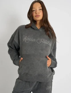 Cheap Kaiia Studio Diamante Embellished Acid Wash Oversized Hoodie Dark Grey Sculpt & Leisure | Kaiia The Label