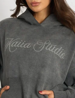 Cheap Kaiia Studio Diamante Embellished Acid Wash Oversized Hoodie Dark Grey Sculpt & Leisure | Kaiia The Label