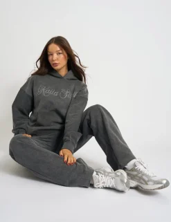 Cheap Kaiia Studio Diamante Embellished Acid Wash Oversized Hoodie Dark Grey Sculpt & Leisure | Kaiia The Label