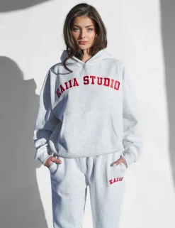 Store Kaiia Studio Oversized Hoodie Light Grey Marl & Red Back In Stock | Sculpt & Leisure