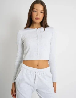 Fashion Kaiia Waffle Button Up Long Sleeve Top Grey Melange Sculpt & Leisure | Kaiia The Label