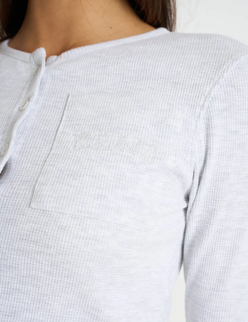 Fashion Kaiia Waffle Button Up Long Sleeve Top Grey Melange Sculpt & Leisure | Kaiia The Label