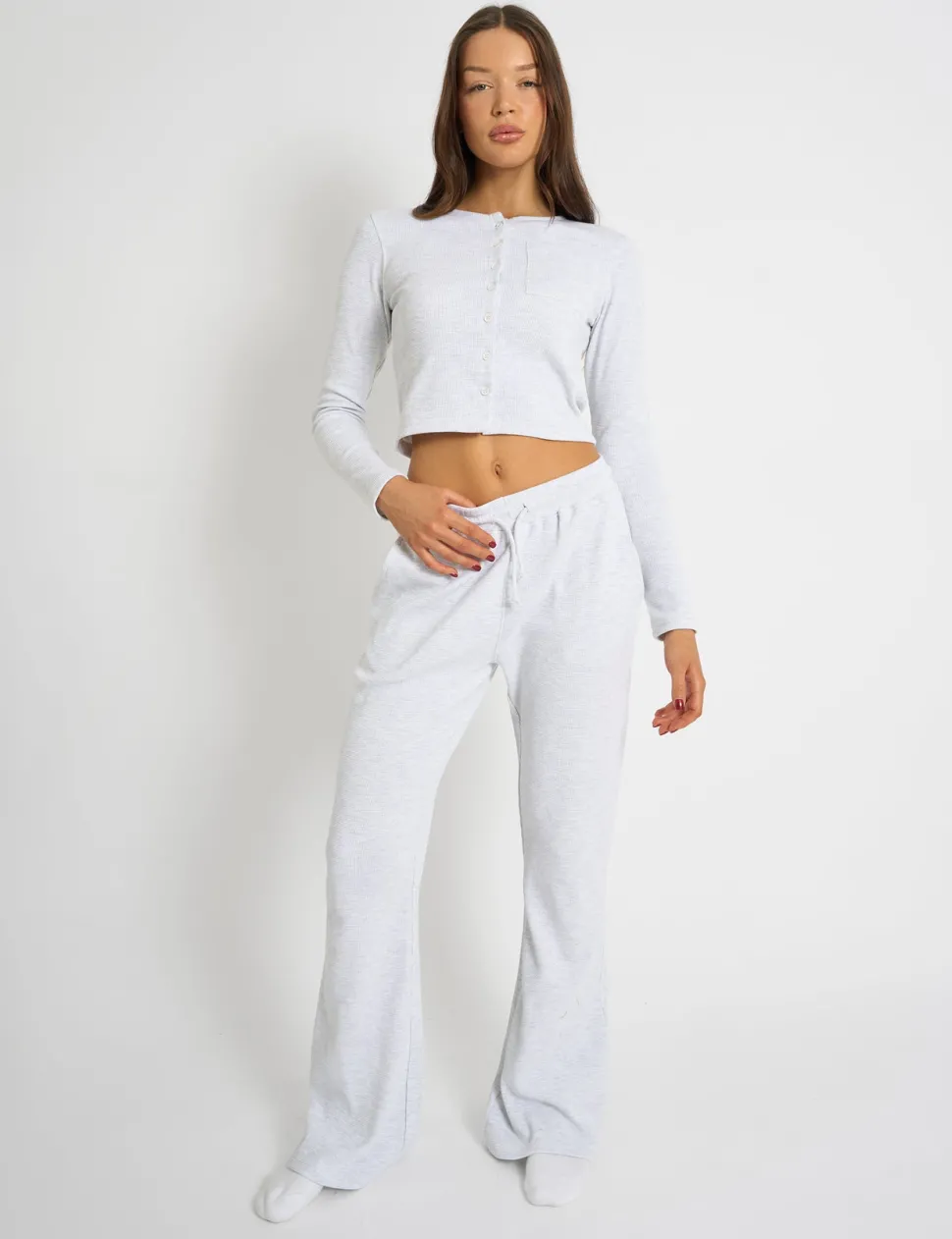 Fashion Kaiia Waffle Button Up Long Sleeve Top Grey Melange Sculpt & Leisure | Kaiia The Label
