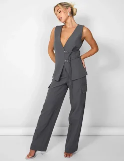 Cheap Kaiia Wide Leg Cargo Trousers in Charcoal Sculpt & Leisure | Kaiia The Label