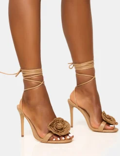 Cheap Karla Natural Raffia Flower Barely There Lace Up Stiletto Heel Barely There Heels | Lace Up Heels