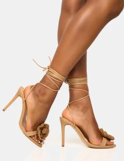 Cheap Karla Natural Raffia Flower Barely There Lace Up Stiletto Heel Barely There Heels | Lace Up Heels