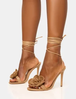 Cheap Karla Natural Raffia Flower Barely There Lace Up Stiletto Heel Barely There Heels | Lace Up Heels