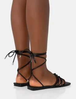 Shop Kelly PU Lace Up Flat Square Toe Sandals Flats | Square Toe Heels