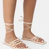 Sale Kelly Ecru PU Lace Up Flat Square Toe Sandals Flats | Square Toe Heels