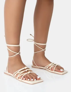 Sale Kelly Ecru PU Lace Up Flat Square Toe Sandals Flats | Square Toe Heels