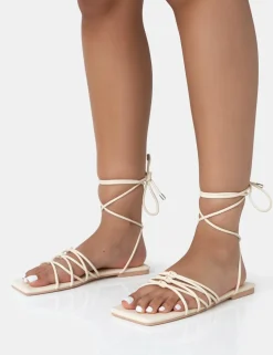 Sale Kelly Ecru PU Lace Up Flat Square Toe Sandals Flats | Square Toe Heels