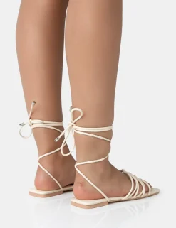Sale Kelly Ecru PU Lace Up Flat Square Toe Sandals Flats | Square Toe Heels