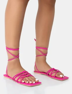 Outlet Kelly Hot PU Lace Up Flat Square Toe Sandals Flats | Square Toe Heels