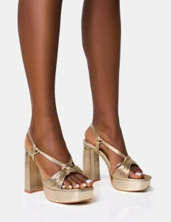 Best Sale Kenya Knot Front Platform Heels Gold Heels | Block Heels