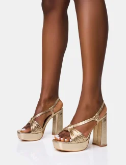Best Sale Kenya Knot Front Platform Heels Gold Heels | Block Heels