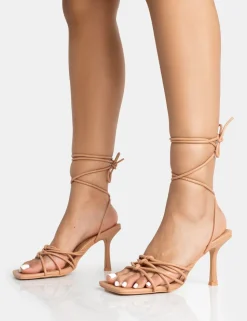 Sale Keri Nude Pu Strappy Lace Up Mid Heels Strappy Heels | Lace Up Heels